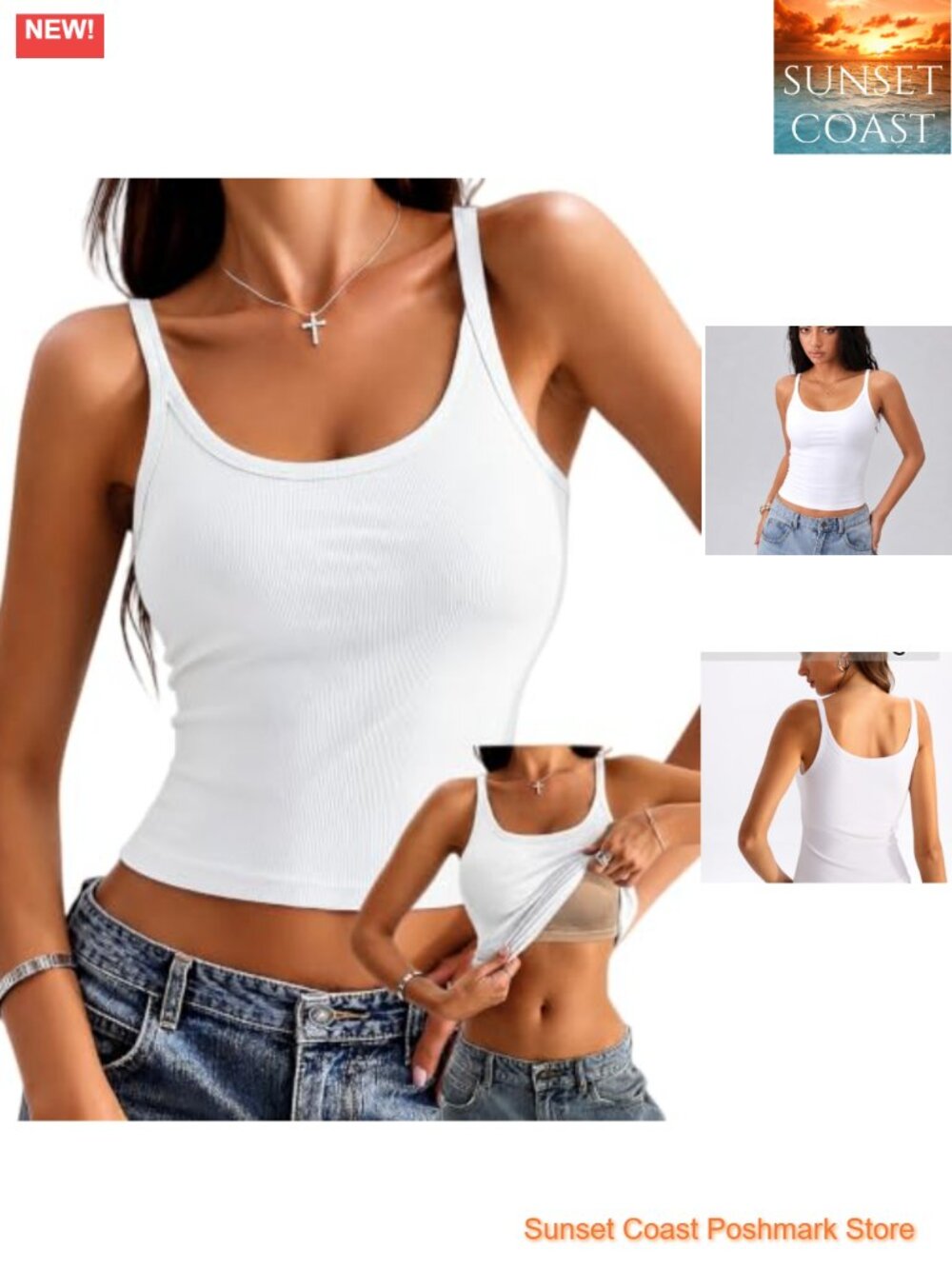 Ribbed Fitted Crop Tank Top with Built-In Bra Removable Pads Cami